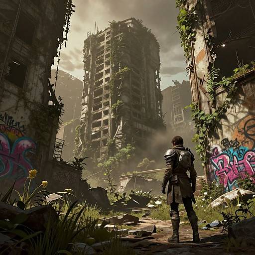 Photorealistic digital art: Post-apocalyptic scene with a lone, armored figure standing in a ruined, graffiti-covered building, overlooking a tall, over