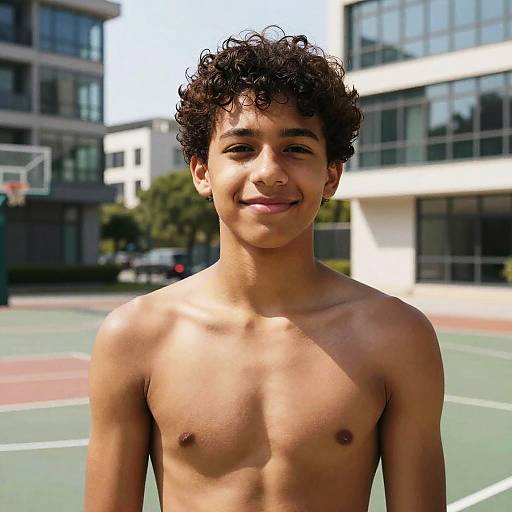 Photograph of a young, shirtless, curly-haired, light-skinned boy smiling on a sunny outdoor basketball court with modern buildings in the background.