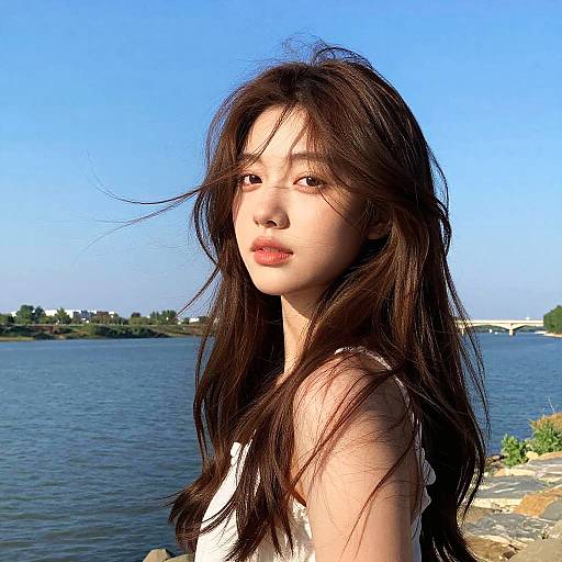 Photograph of an Asian woman with long, dark hair, wearing a white top, standing by a river under a clear blue sky.
