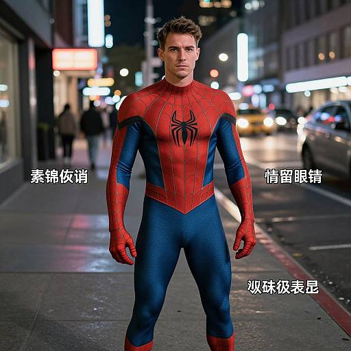 Muscular Spiderman on Neon-Lit Street