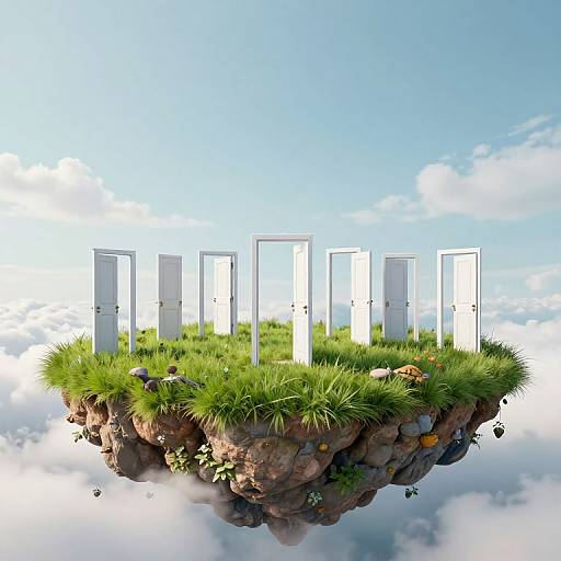 Floating grass island with seven white, rectangular doors, surrounded by rocks and flowers, against a bright blue sky and clouds.