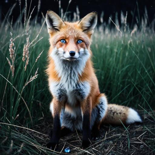 Red Fox with Blue Eyes Sitting in Grass at Night