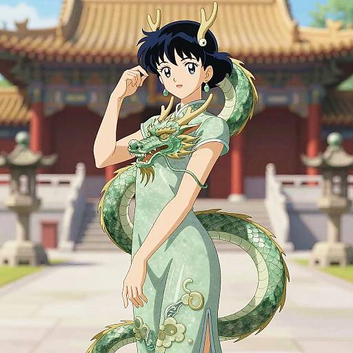 Anime-style digital drawing of a young woman with short black hair, wearing a green dragon-themed qipao, standing in a traditional Chinese temple courtyard.