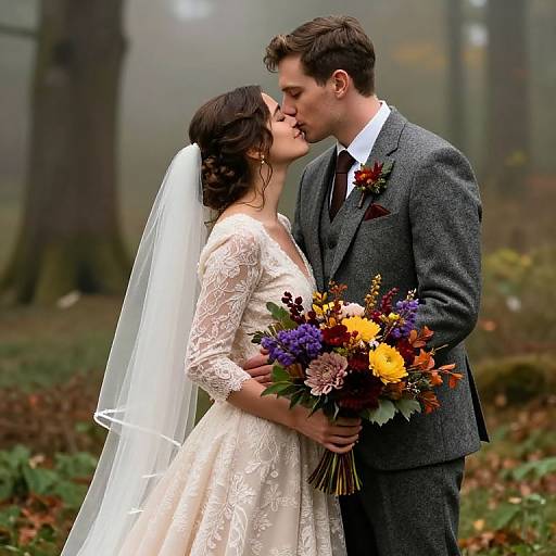 Photograph of a bride in a white lace dress and veil, and groom in a grey suit, kissing while holding colorful bouquets in a foggy