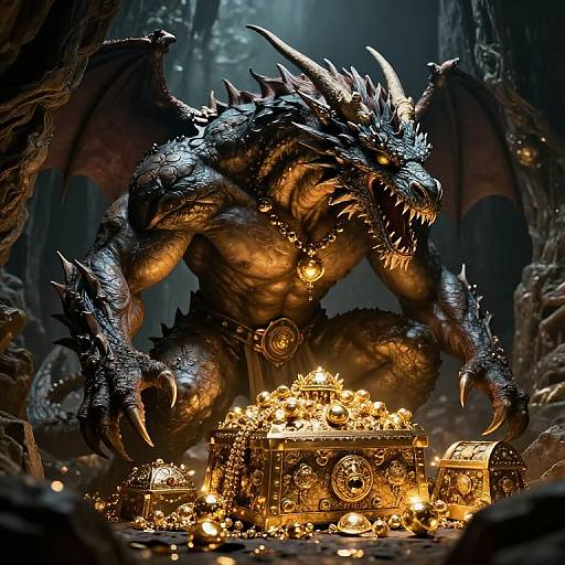CGI fantasy scene: muscular black dragon with glowing eyes, sharp claws, and large wings, crouching over a glowing, treasure-filled chest in