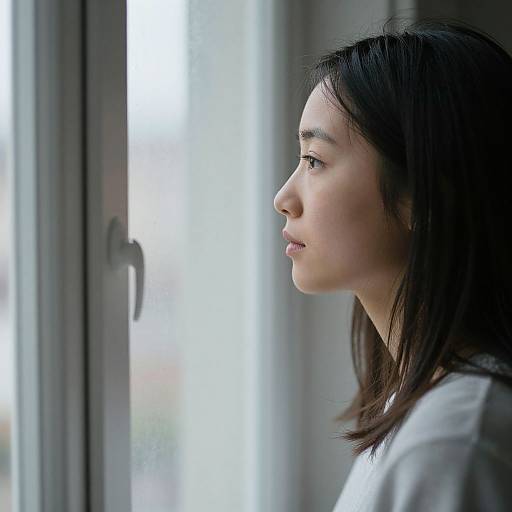 Photograph of a young Asian woman with straight black hair, wearing a white shirt, gazing thoughtfully out a sunlit window.