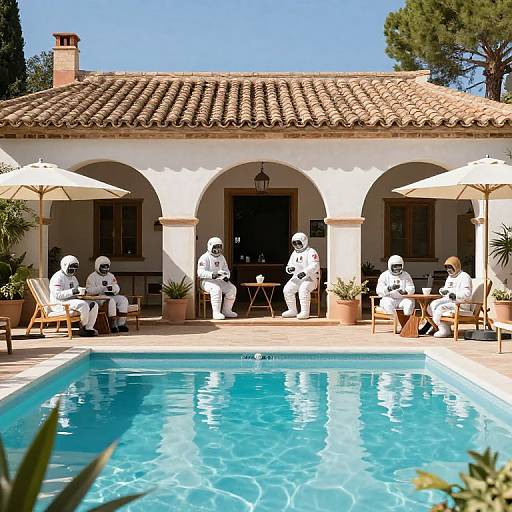 Photograph of six people in white astronaut suits sitting and standing around a sunny, tiled Mediterranean-style pool house with arches, umbrellas, and clear