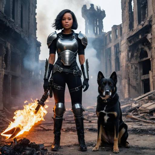 Futuristic Warrior in Fiery Ruins