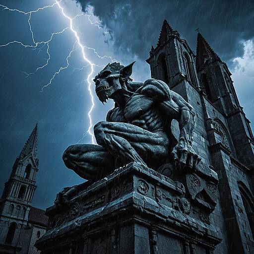 Stone Gargoyle on Cathedral During Stormy Twilight