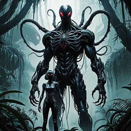 Alien Symbiote and Biomech in Misty Jungle