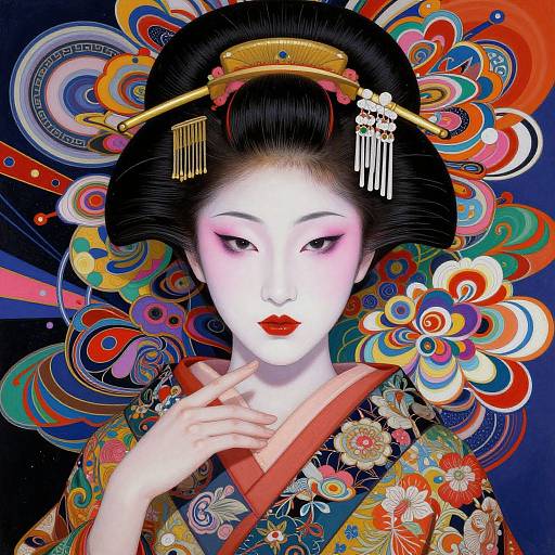 Digital art of a pale-skinned Japanese geisha with black hair, red lips, and intricate floral kimono, adorned with gold hairpieces, set