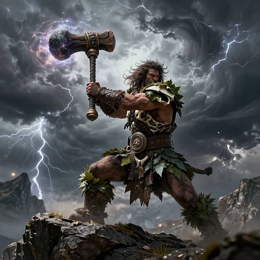 Digital artwork: Muscular, wild-haired barbarian with green leaf armor, wielding a lightning-charged war hammer, standing on rocky terrain amidst a storm