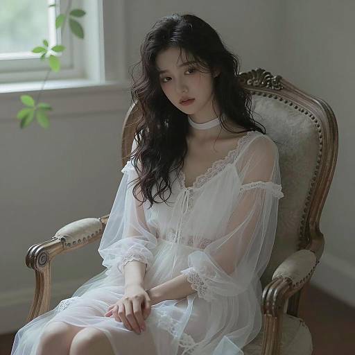 Young Woman in Sheer White Dress Sitting on Ornate Chair