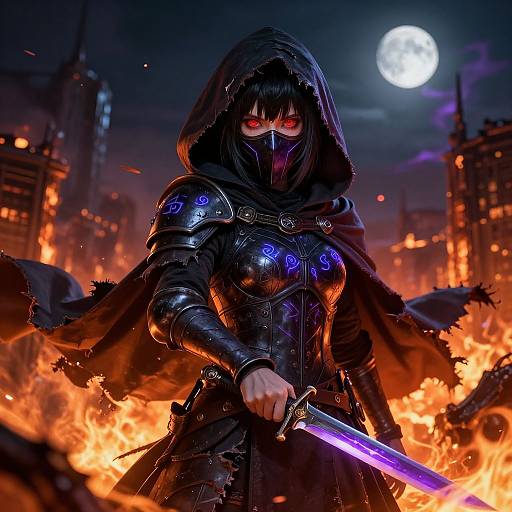 Digital artwork of a red-eyed, armored female assassin with black hood and mask, wielding a glowing purple sword, standing in a fiery, moonlit city