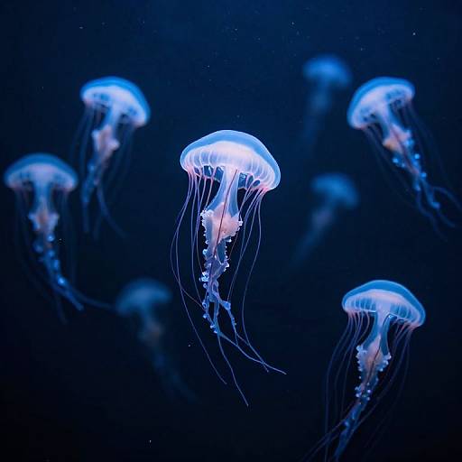 Photograph of glowing blue and white jellyfish with translucent, flowing tentacles floating in a dark, deep blue underwater background.