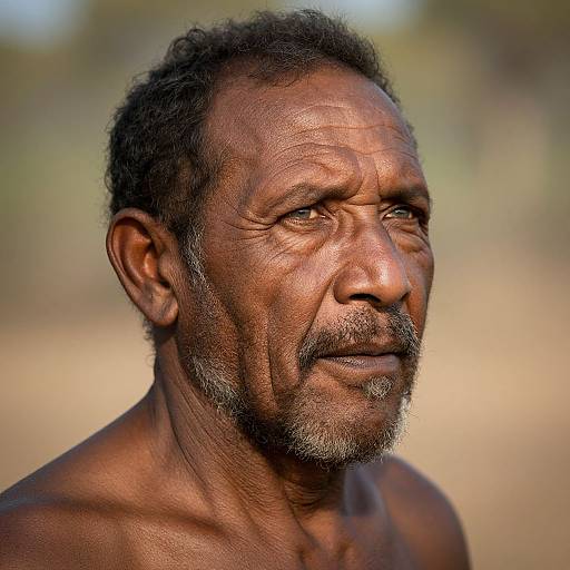 Photograph of an elderly, shirtless Indian man with dark brown skin, short curly black hair, and a salt-and-pepper beard, looking pens