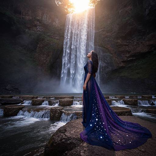 Photograph of a woman in a sparkly, long, dark blue gown standing on rocks, gazing at a luminous waterfall in a misty