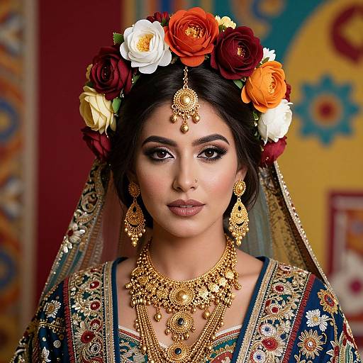 Photograph of an Indian bride with dark hair, adorned in a vibrant floral headpiece, wearing intricate gold jewelry and traditional embroidered clothing, set against a