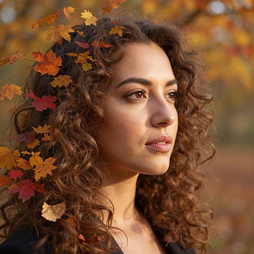 Photograph of a curly-haired woman with warm brown skin, wearing autumn leaves in her hair, gazing thoughtfully into sunlight.