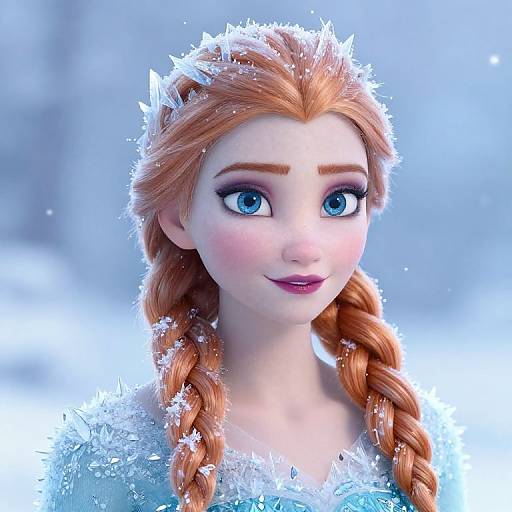 Digital CGI of Elsa from Frozen with snow-covered red braids, blue eyes, and icy blue dress, smiling gently against a snowy background.