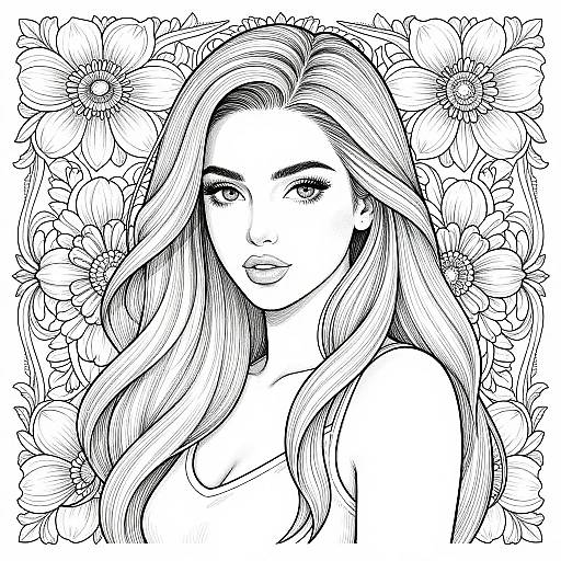 Black and white line art of a beautiful woman with long, wavy hair, surrounded by large flowers. She has full lips, almond eyes, and