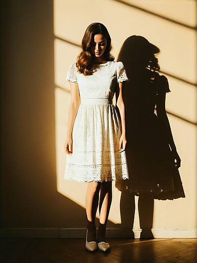 Woman in White Eyelet Lace Dress