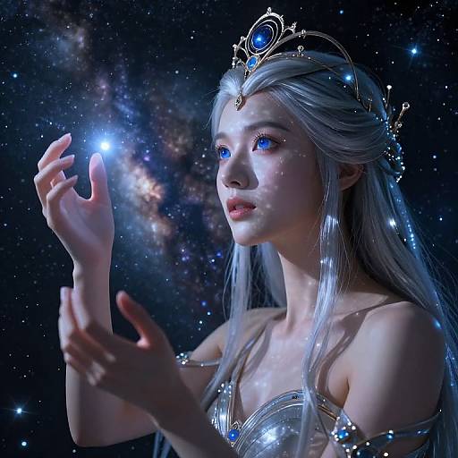 Digital art of a celestial, blue-eyed princess with silver hair, wearing a glowing tiara, holding a bright star against a starry galaxy background.