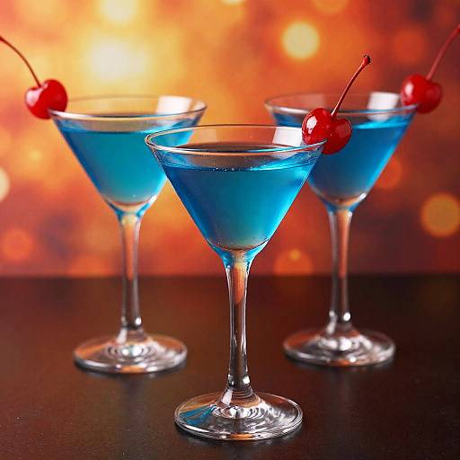 Photograph of three vibrant blue cocktails in martini glasses, each with a red cherry garnish, set against a warm, bokeh-lit background