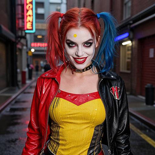 Photograph of Harley Quinn with red and blue pigtails, white face paint, red lipstick, yellow top, red leather jacket, black choker