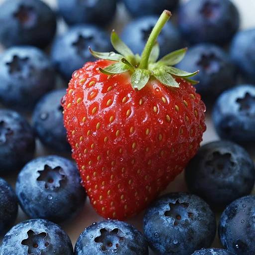 Close-up photograph of a vibrant red, juicy strawberry with green calyx, surrounded by fresh, dark blue blueberries with water droplets.