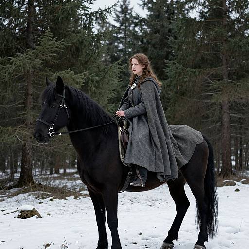 Photograph of a fair-skinned woman with long brown hair, wearing a gray cloak, riding a black horse in a snowy forest.