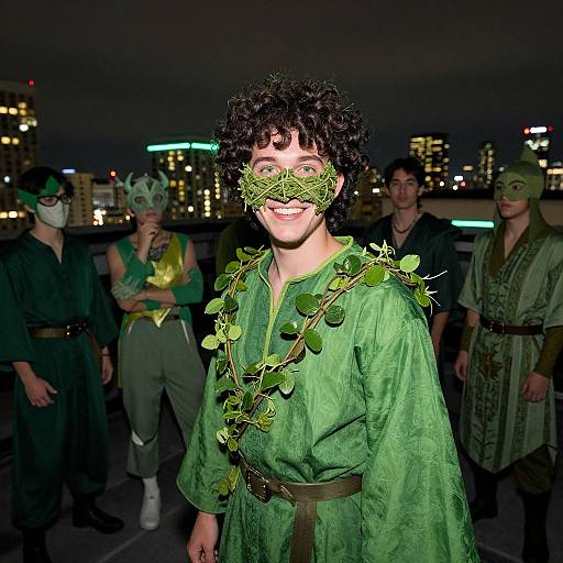 Photograph of a curly-haired woman in a green leafy mask and robe, standing on a rooftop at night with four people in similar costumes, city
