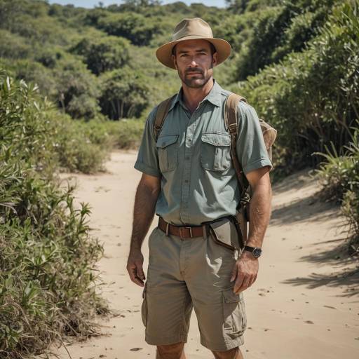 Stocky Man in Safari Outfit on Sandy Beach
