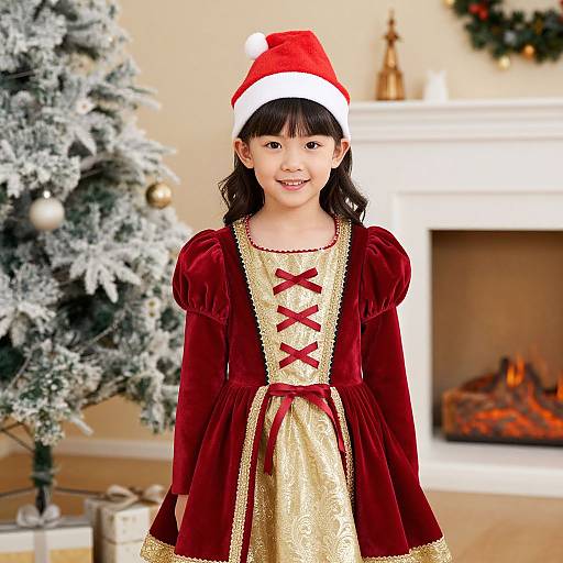 Photograph of a smiling Asian girl in a red velvet and gold dress with red lace-up detail, wearing a Santa hat, standing in front of a