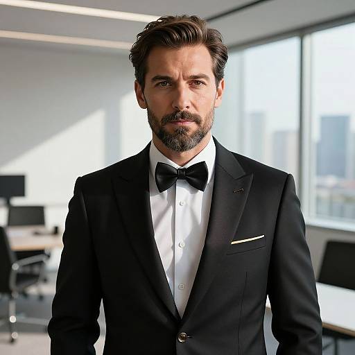 Photorealistic image of a handsome, bearded man with brown hair in a black tuxedo, white shirt, and black bow tie, standing