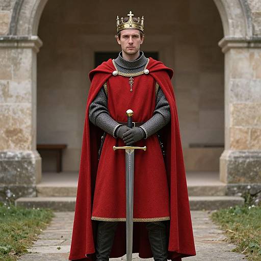 Photograph of a young, serious-looking man in medieval armor, wearing a red cape and golden crown, standing in front of a stone archway,
