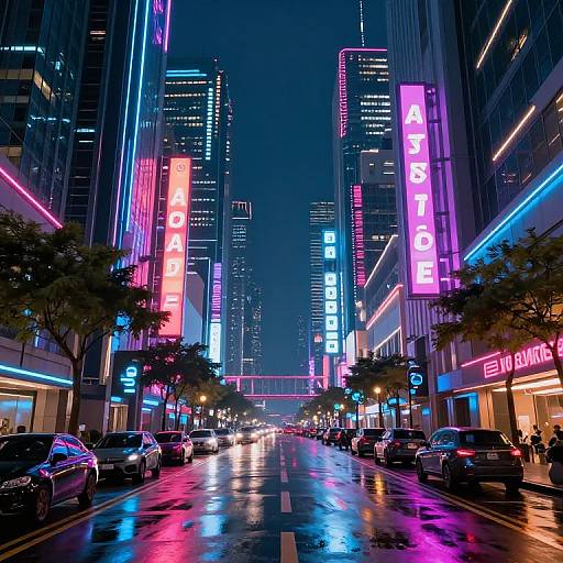 Neon-lit, rainy urban street at night, colorful vertical signs (Astro, Parkade) reflect on wet pavement, parked cars, tall
