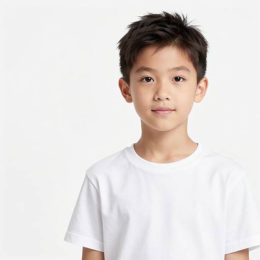 Photograph of an Asian boy with short black hair, wearing a plain white t-shirt, looking directly at the camera against a white background.