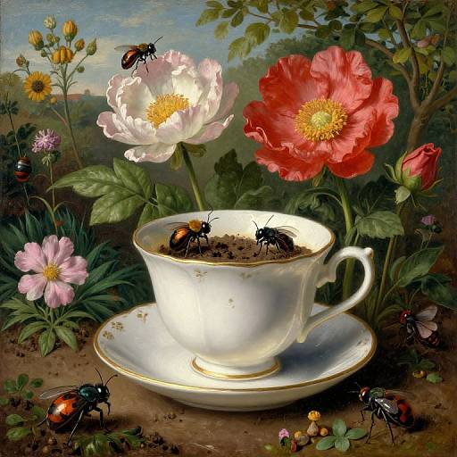 Photorealistic painting: White teacup with gold trim on a saucer, filled with dirt, surrounded by colorful flowers and six buzzing bees.