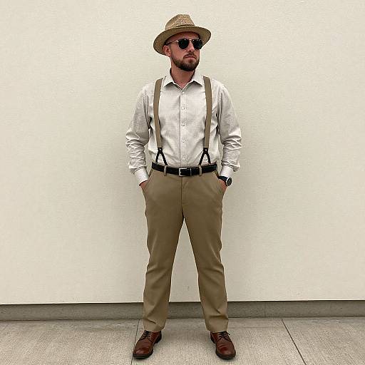 Photograph of a bearded man in a straw hat, sunglasses, white shirt, beige suspenders, and khaki pants, standing confidently against a