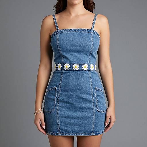 Photograph of a woman in a blue denim dress with white daisy embroidery on the waist, against a gray background.
