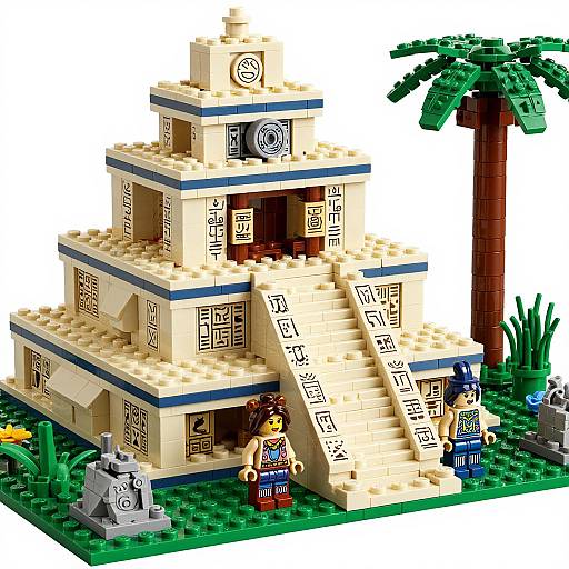 Photograph of a LEGO pyramid with Egyptian symbols, two LEGO figures, a palm tree, tombstone, and grass on a green base.