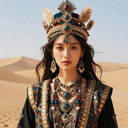 Photograph of an Asian woman with long black hair, wearing an ornate, turquoise and gold headdress, jewelry, and detailed robe, in a