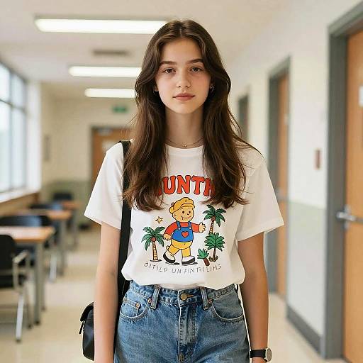 Photograph of a young woman with long brown hair, wearing a white 