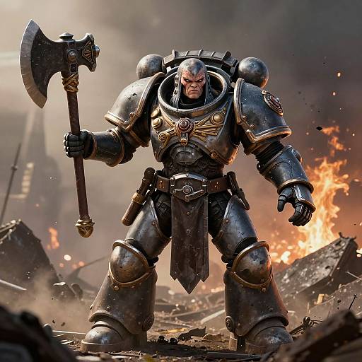 Digital art of a muscular, armored warrior with a large axe, standing amidst a burning battlefield, wearing detailed, metallic armor.