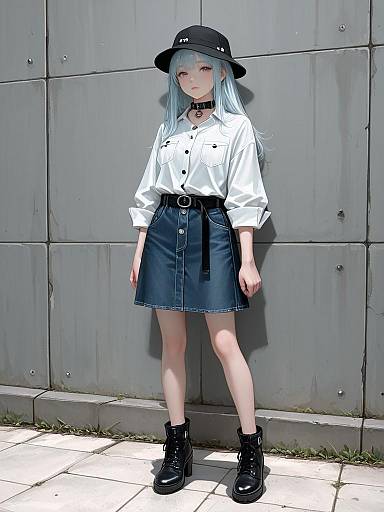 Young Woman in Casual Chic Outfit with Wide-Brimmed Hat