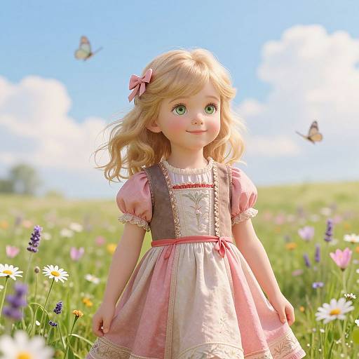 Digital art of a blonde girl with green eyes in a pink dress with brown pinafore, flower hairclip, standing in a sunny meadow with