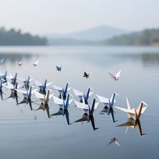 Photograph of colorful paper airplanes floating on calm water, reflecting on the surface, with a blurred, misty background.