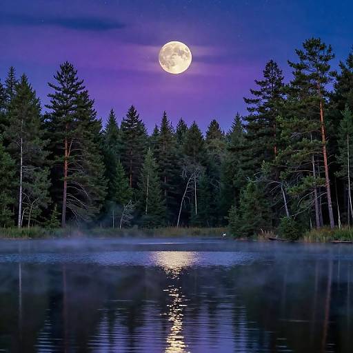 Photograph of a full moon illuminating a serene forest lake, with tall pine trees reflecting on the calm water, under a vibrant purple and blue twilight