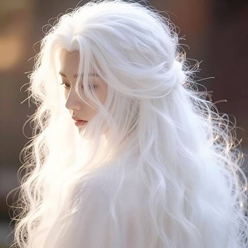 Photograph of a pale-skinned woman with long, bright white, wavy hair illuminated by sunlight, creating a glowing effect. Background is blurred dark